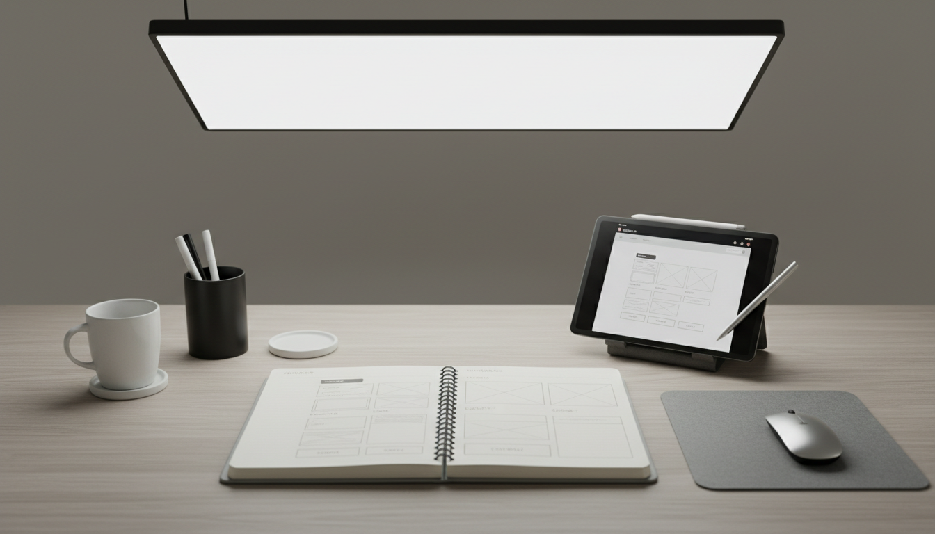 A detailed close-up of a designer’s desktop setup showing an open sketchbook with meticulous wireframe sketches for a mobile-friendly website, beside a high-end tablet with a stylus resting on its screen. The workspace is set atop a textured light ash-wood desk, with minimalistic, monochromatic accessories arranged with precision. Neutral artificial lighting from a large overhead LED panel creates uniform illumination without harsh shadows. The overall vibe is organized and methodical, suggesting innovative planning and thoughtful customization. The camera is positioned at eye level and closely framed to emphasize structure, balance, and professional intent. The aesthetic is clean, modern photographic—conveying expertise in crafting user-centric web solutions.