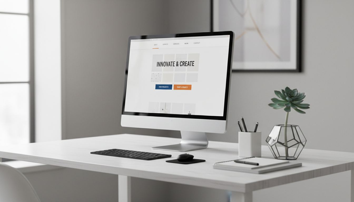 A sleek, modern computer workstation featuring a slim, ultra-thin silver monitor displaying a visually appealing example of a well-designed website homepage with clean navigation bars and bold call-to-action buttons. The desk surface is matte white with subtle gray grain, surrounded by organized stationery and a geometric glass vase holding a minimalist succulent plant. Soft, diffused natural daylight filters in from the left, casting gentle highlights on the monitor and creating a balanced, shadow-free ambiance. The mood is calm, professional, and focused, ideal for a web design agency. Captured from a slightly elevated angle, the composition favors clean lines and structured symmetry, with sharp detail throughout. The style is photographic realism with a corporate, neutral-toned aesthetic that reinforces competence and clarity.